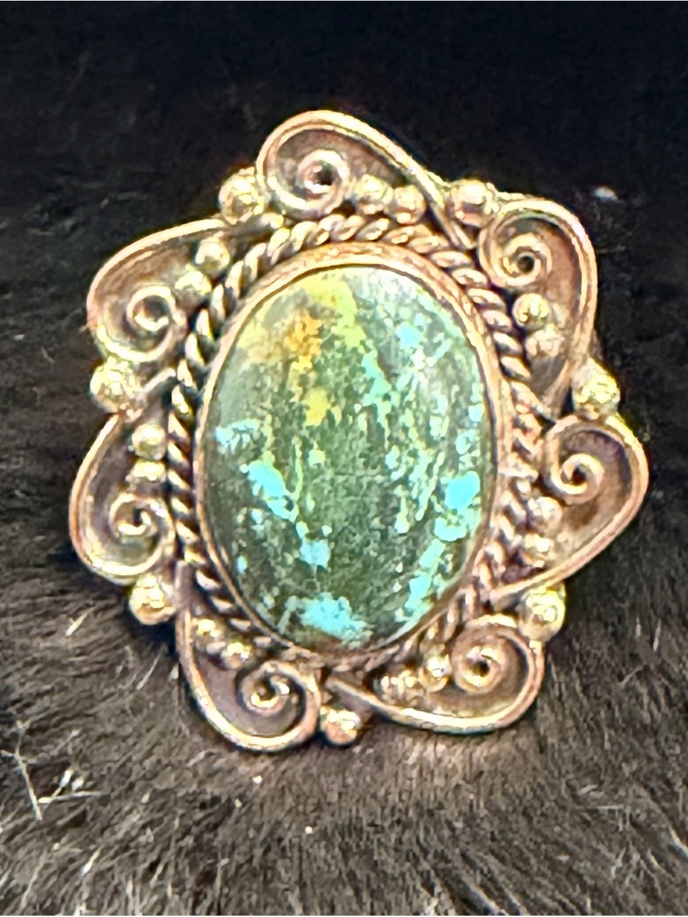 New Adjustable Copper Ring with Dark Matrix Hubei Turquoise Statement Stone